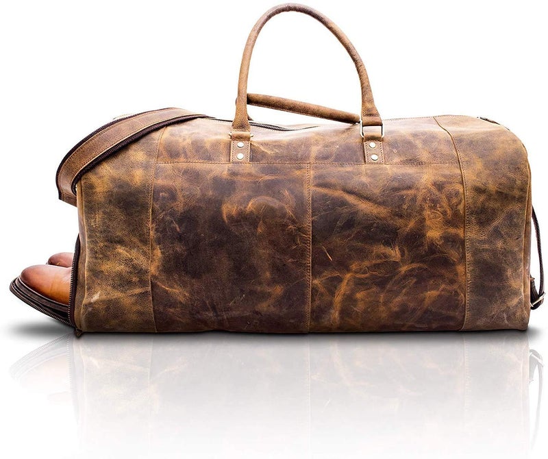 KomalC Leather Travel Duffle Bags for Men and Women cabin friendly Weekend Bag Sports Gym airplane carry on overnight duffel (Distressed Tan With Shoe Pocket) - Image 4